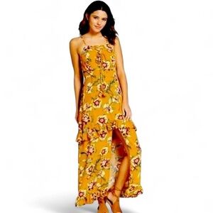 Maxi Slit Front Floral Summer Sun Dress Spaghetti Straps Ruffles Mustard Small